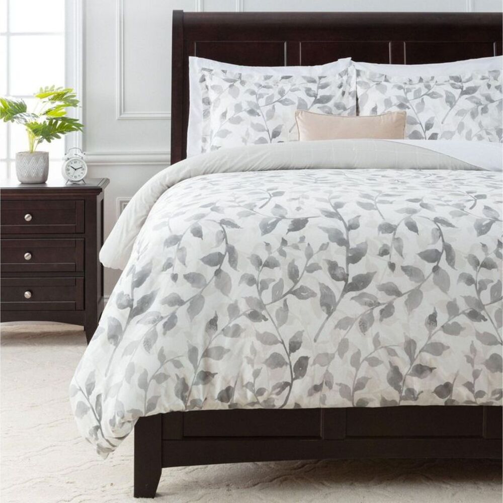Chanasya Layered Leaf Duvet Cover Set - 3-Piece Set Queen/Full Size Gray Creme